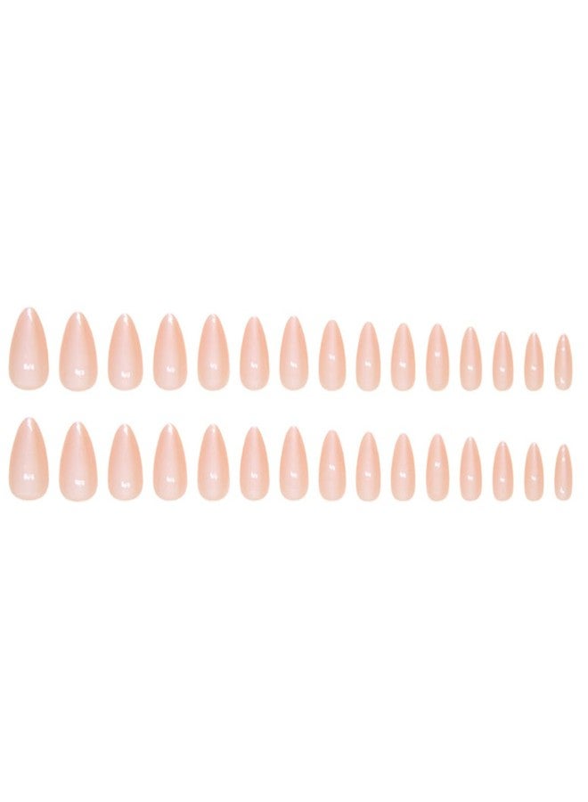 LRKNNO Almond Press on Nails Short Fake Nails Nude Glue on Nails with Designs Glossy Chrome False Nails French Almond Shaped Artificial Nails Reusable Stick on Nails for Women and Girls 24pcs - Image 5